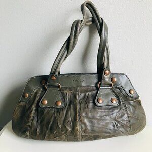 Lancel Paris Olive Green Distressed Gousset Hobo Bag